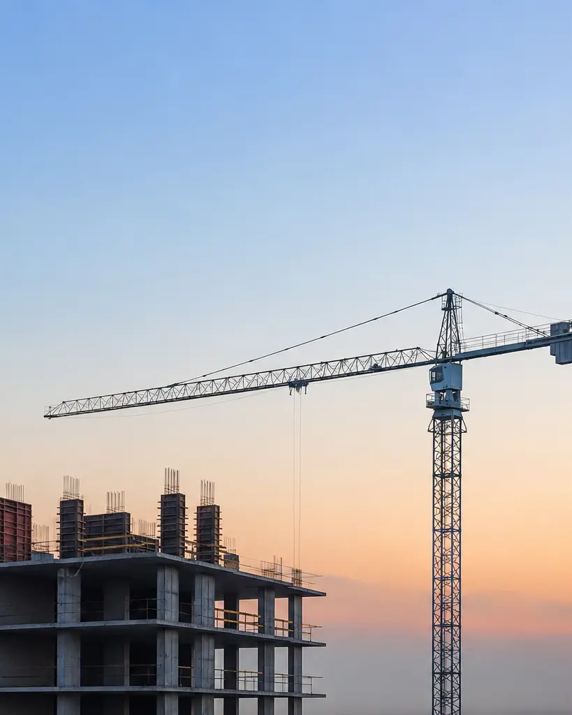 Guindaste sobre um prédio em construção ao amanhecer