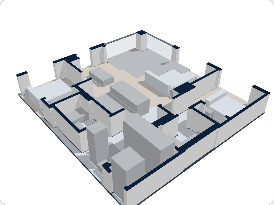 3D model of the two bedroom home, seen from above with the walls cut away